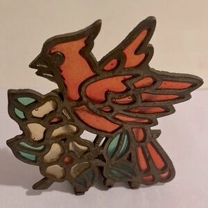 Vintage Stained Glass Cast Iron Red Bird Cardinal Napkin Letter Holder Taiwan 6’